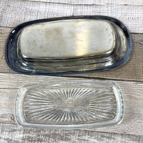 Wm Rogers Silver Plate MCM Covered Butter Dish Starburst Glass Insert Lid VTG - Picture 6 of 14